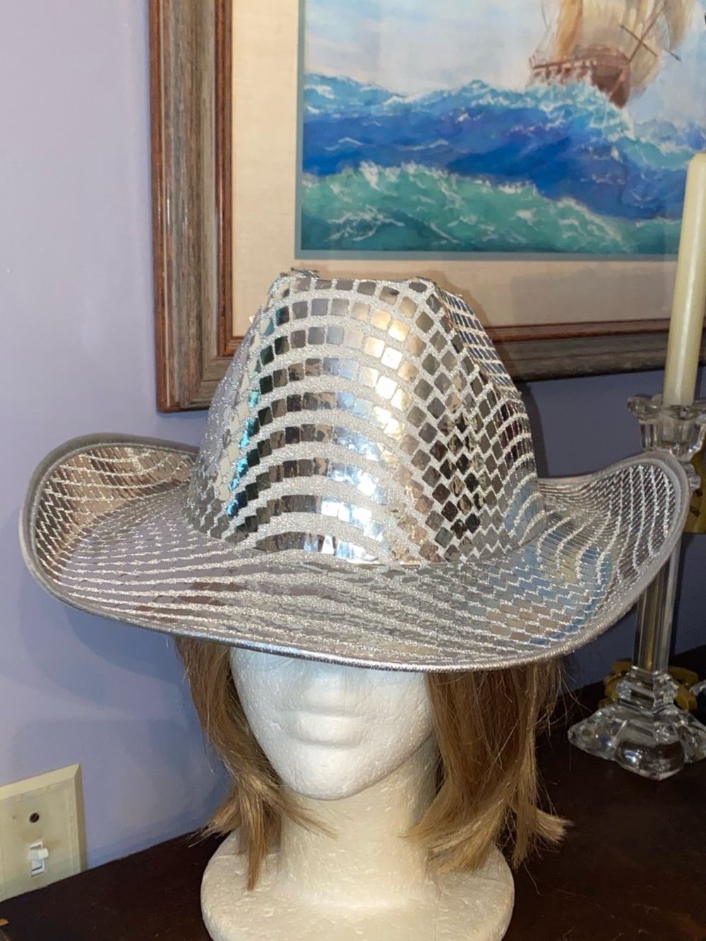 Silver color Concert Disco Ball Cowboy style Hat with Sparkly like new